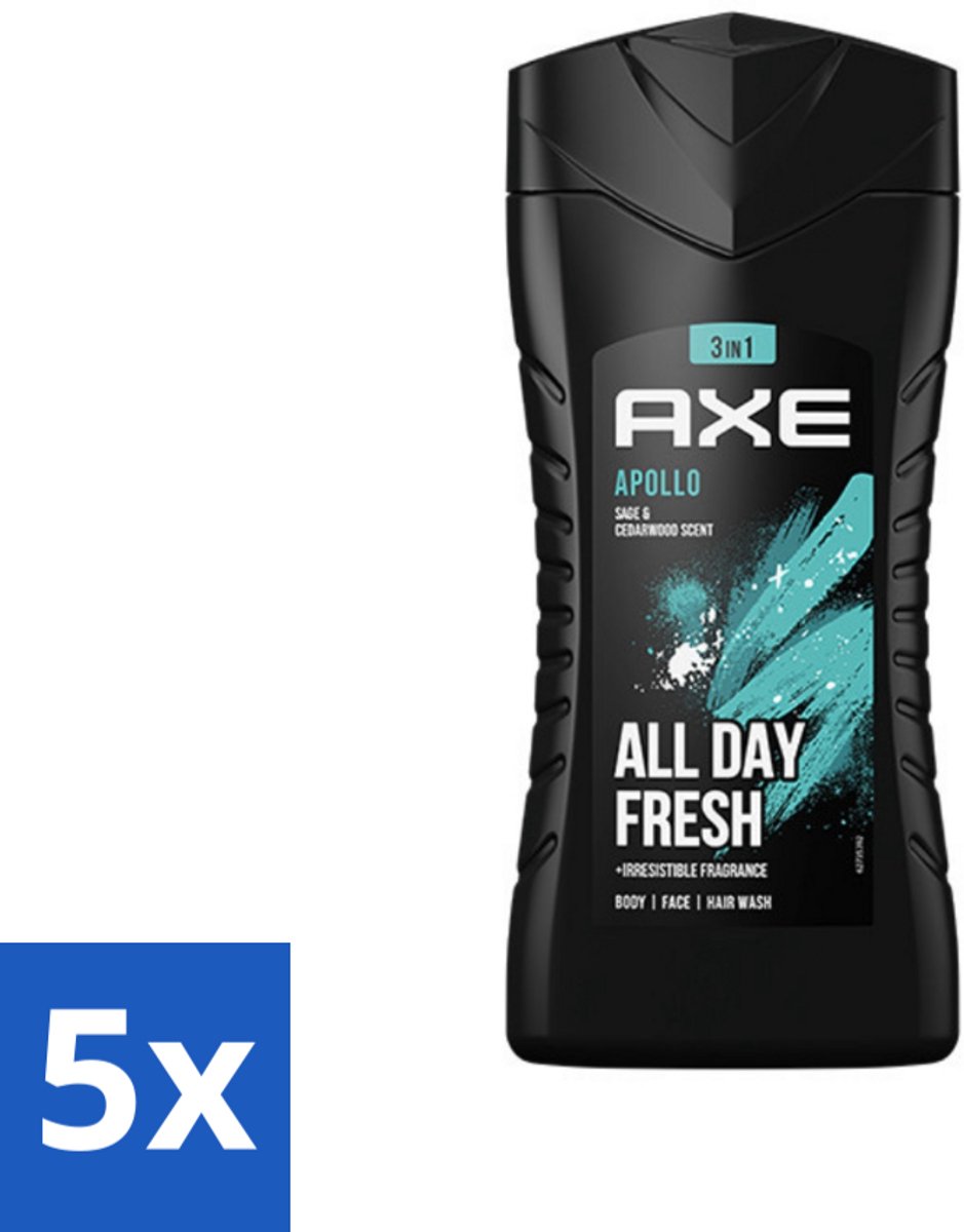 5 x Axe - 3-in-1 Douchegel - Apollo - Sage & Cedarwood - 250 ml - Douchegel - Mannelijke Geur - 3-in-1 - Lichaam En Gezicht - Gezicht En Haar