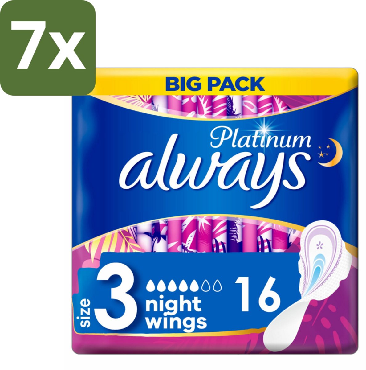 7 x Always Maandverband Platinum Ultra Night 16 stuks per verpakking - Maandverband Nacht - Nachtbescherming - Maandverband Voor Nacht - Maandverband Ultra Night - Maandverband Met Vleugels