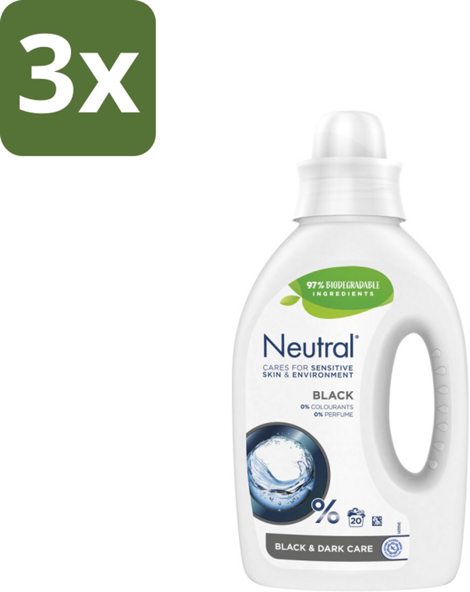 3 x Neutral Vloeibaar Wasmiddel Zwart 20 Wasbeurten 1 liter - Donker Was - Zwart Was - Parfumvrij Wasmiddel - Gevoelige Huid - Hypoallergeen Wasmiddel