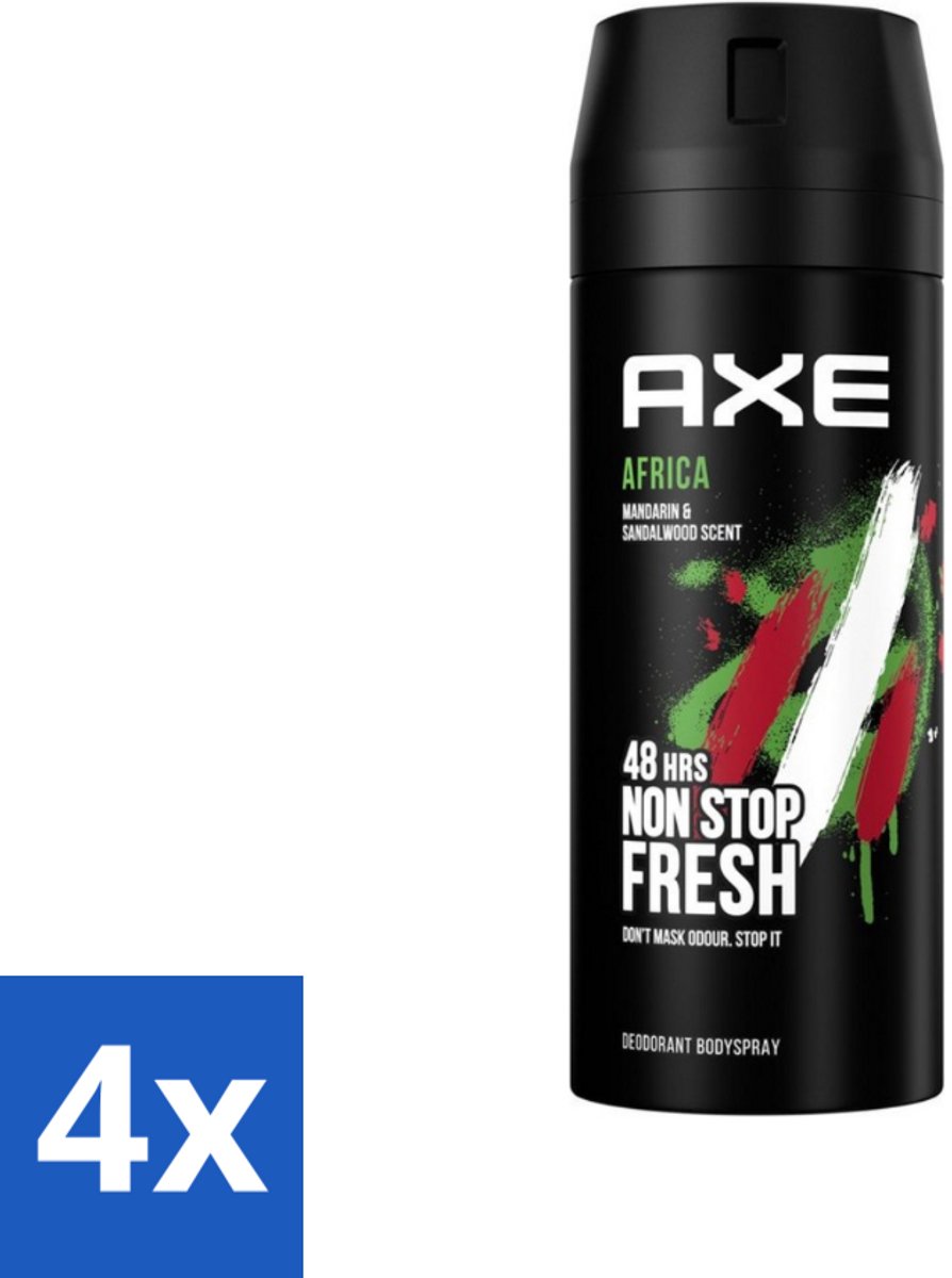 4 x Axe - Deodorant Bodyspray - 48hrs Non Stop Fresh - Africa - Mandarin & Sandalwood - 150 ml - Deodorant Bodyspray - Geurbeheersing - Mandarijn En Sandelhout - 48 Uur Bescherming - Geurbestrijdend