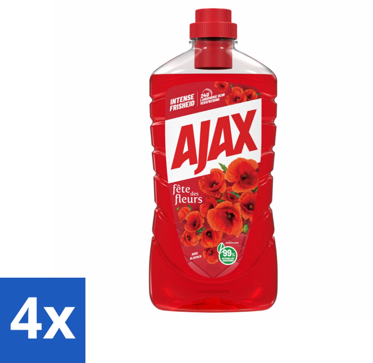4 x Ajax Allesreiniger Fete de Fleur Rode bloemen 1 liter - Allesreiniger - Reinigingsmiddel - Bloemen Geur - Natuurlijke Reiniging - Frisheid
