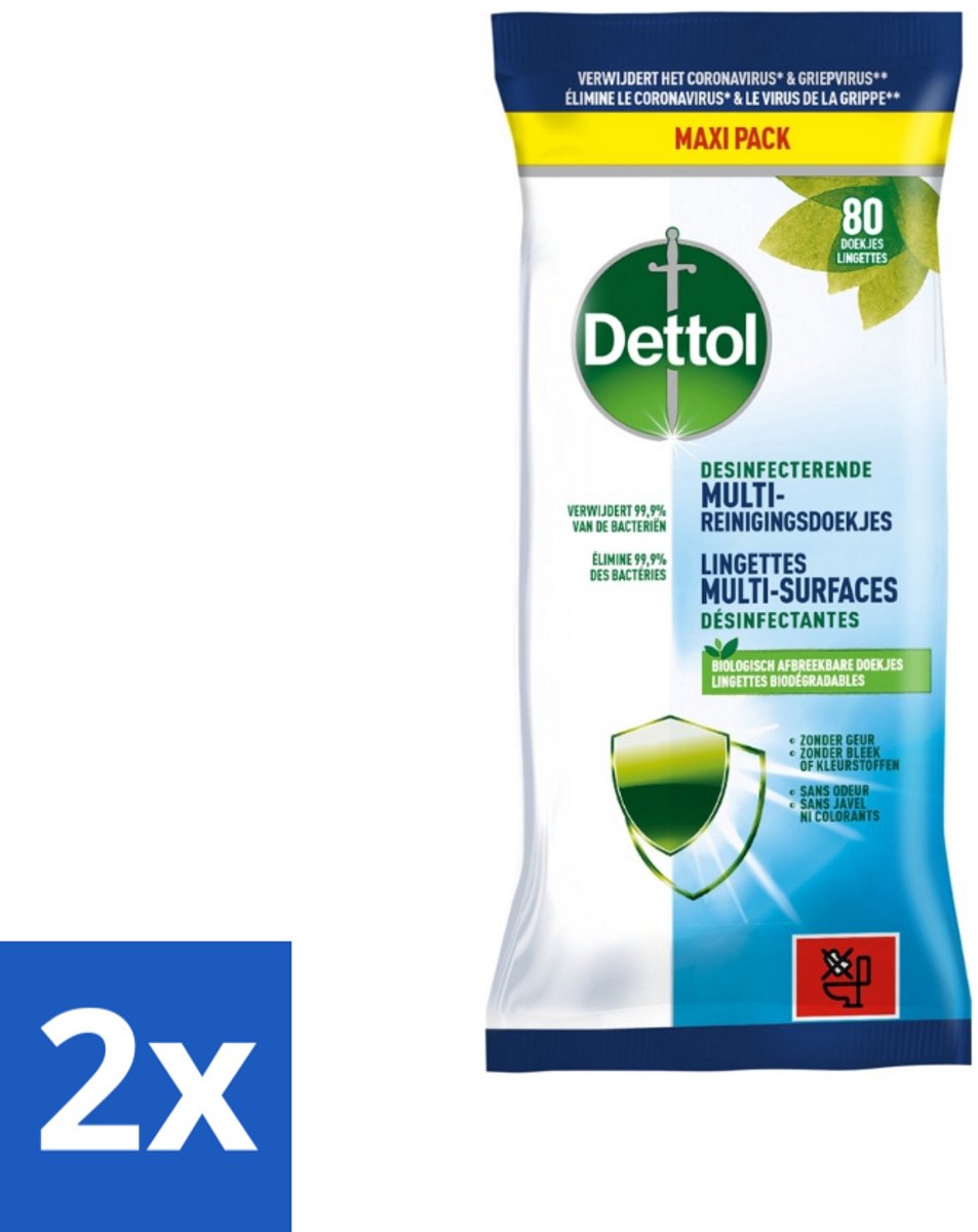 2 x Dettol - Multi-Reinigingsdoekjes - Desinfecterend - Zonder Bleek & Geurstoffen - Biologisch Afbreekbaar - 80 Doekjes - Dettol Doekjes - Hygiëne - Reinigingsdoekjes - Keukenvet Verwijderen - Vuil Verwijderen