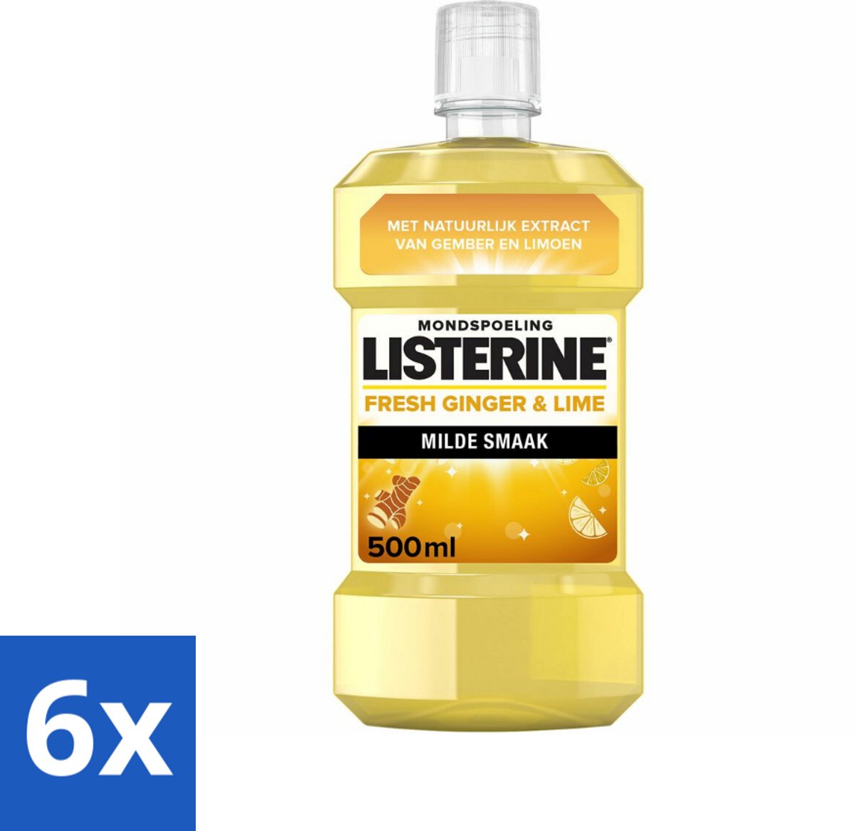 6 x Listerine - Mondwater - Fresh Ginger & Lime - 500 ml - Mondspoeling - Gember En Limoen - Tandplak - Bacteriën - Fluoride