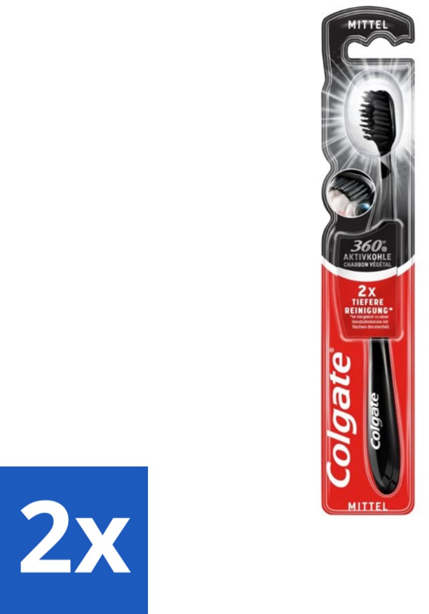 2 x Colgate - Tandenborstel - Charcoal Black 360 Medium - Zwart - 1 Tandenborstel - Tandenborstel - Houtskool - Tandenborstel Houtskool - Mondverzorging - Tandenborstel 360
