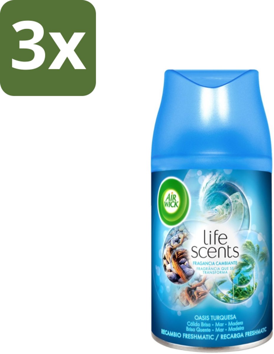 3 x Air Wick - Luchtverfrisser Navulling - Turquoise Oase - Automatische Spray - 250 ml - Luchtverfrisser - Geur - Tropische Geur - Drijfhout - Zeenevel