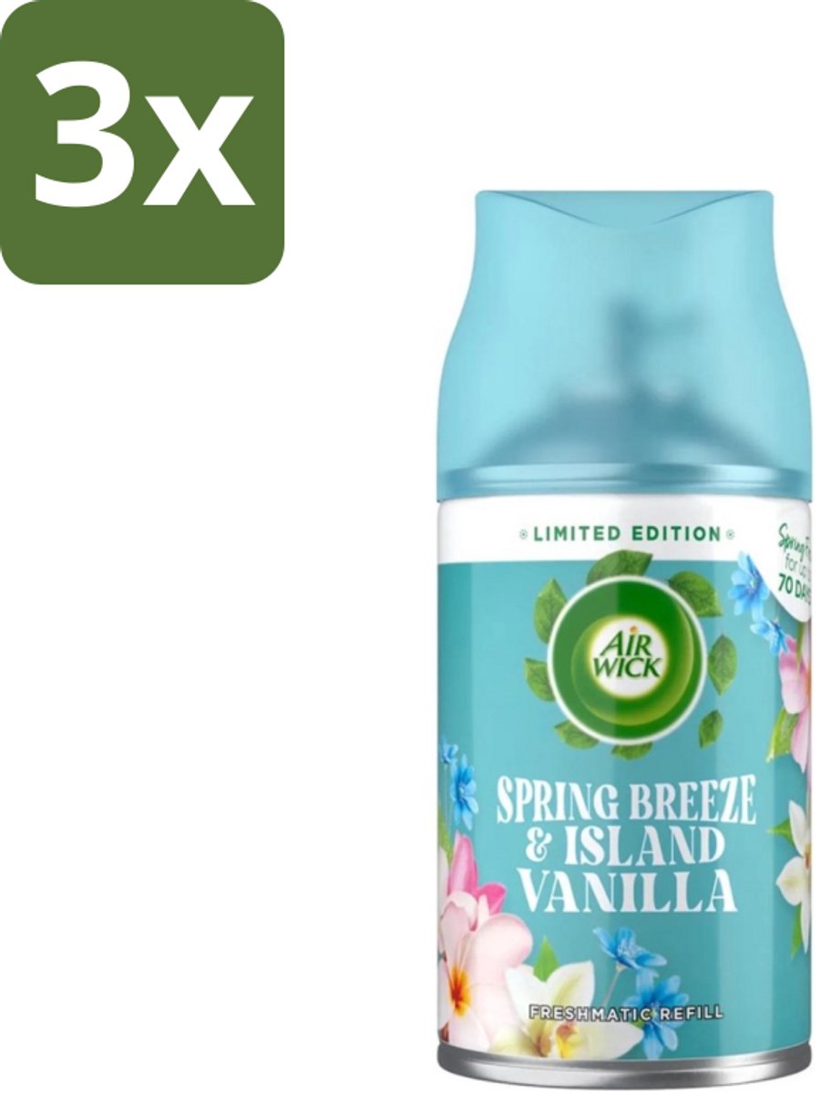 3 x Air Wick - Luchtverfrisser Navulling - Lentebries & Eilandvanille - Automatische Spray - 250 ml - Luchtverfrisser - Navulling - Geur - Lente - Eilandvanille