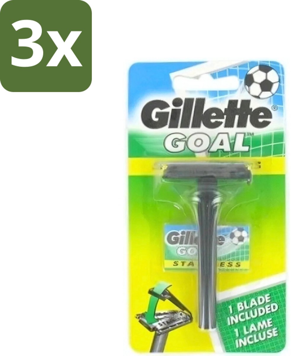 3 x Gillette - Goal - Scheerset - Stainless Steel - Duurzaam en scherp - 1 Scheermesje - Scheermes - Mesjes - Scheersysteem - Gillette Goal - Stainless Steel