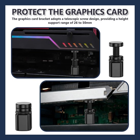 Verstelbare GPU Steun voor Grafische Kaarten met Magneten en Antislip Pads - Aluminium Ondersteuning tegen GPU Verzakkingen, Hoogte 26-50mm, Stabiele Bevestiging — afbeelding 4