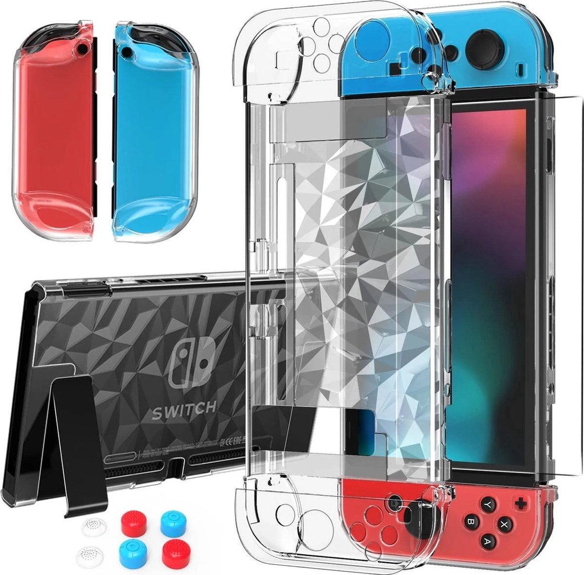 Geschikt voor Nintendo switch case-Accessoires-Schermbeschermer-Transparante beschermhoes geschikt voor Nintendo Switch en Joy-Con controllers-met gehard glazen screen protector en thumb stick caps-Dockable Clear Beschermhoes