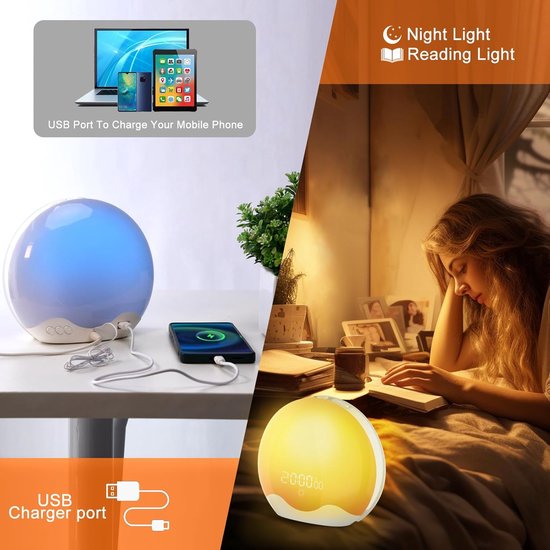 Wake-Up Light - Zonsopgang Alarm - Rustig Ontwaken - Dubbelzijdig Licht - 18x16 cm - Geel — afbeelding 5