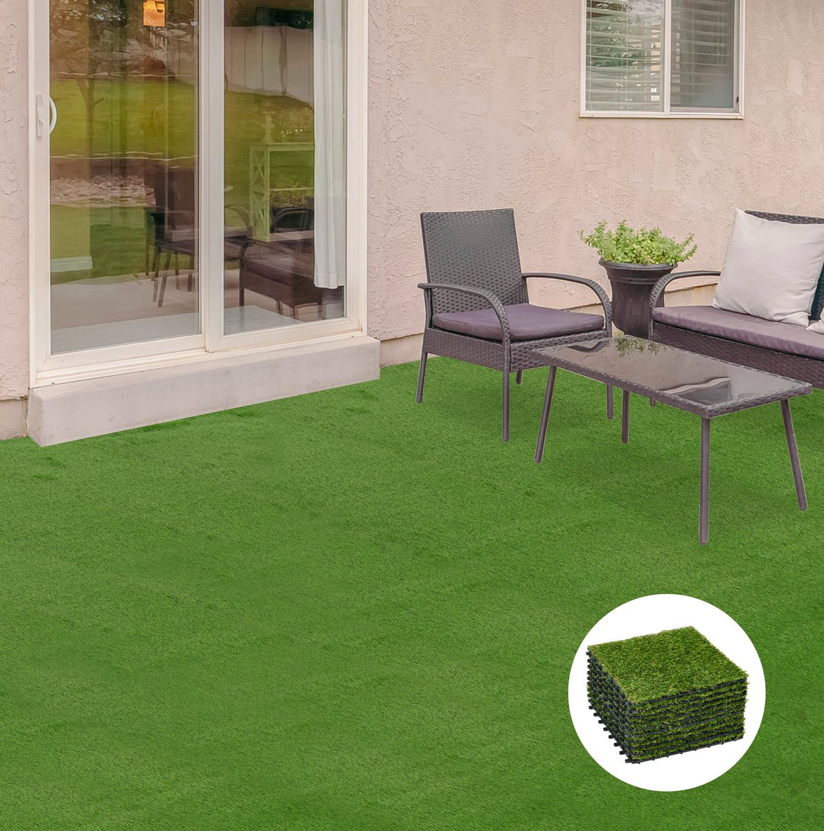 REDOM - Kunstgras tegels - Spieksysteem met antislip achterzijde - Drainagefunctie - Voor balkon en tuin - Polypropyleen en polyethyleen - Donkergroen - 30 x 30 cm - 25 mm