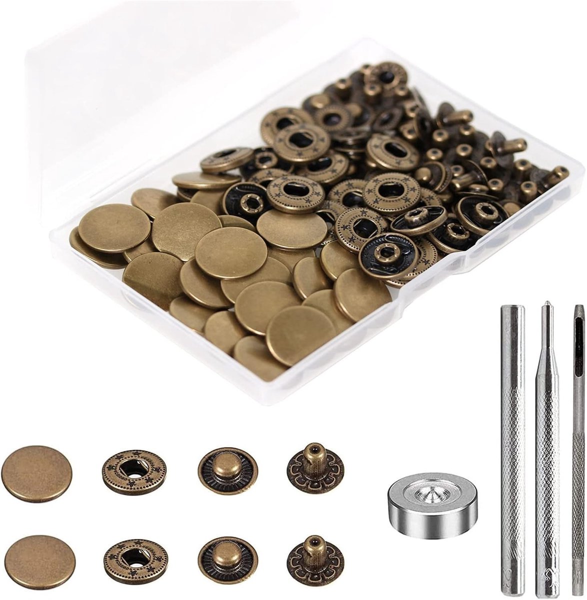 Set van 24 Drukknopen van Messing, 17 mm Diameter, Koperkleurige Drukknopen voor Kleding, Leren Projecten en Handtassen met Bevestigingsgereedschap
