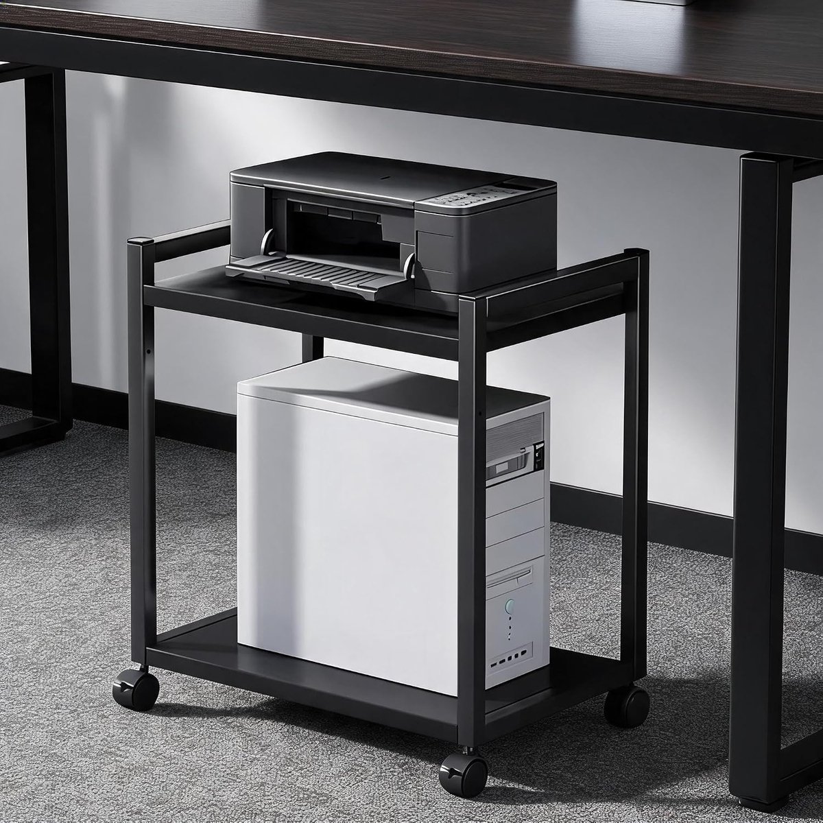 CPU Standaard op Wielen - PC Houder 3 Niveaus - In Hoogte Verstelbaar - Computer Rollenwagen voor Gaming PC en Printer - Zwart Metaal - 69 x 51 x 30 cm