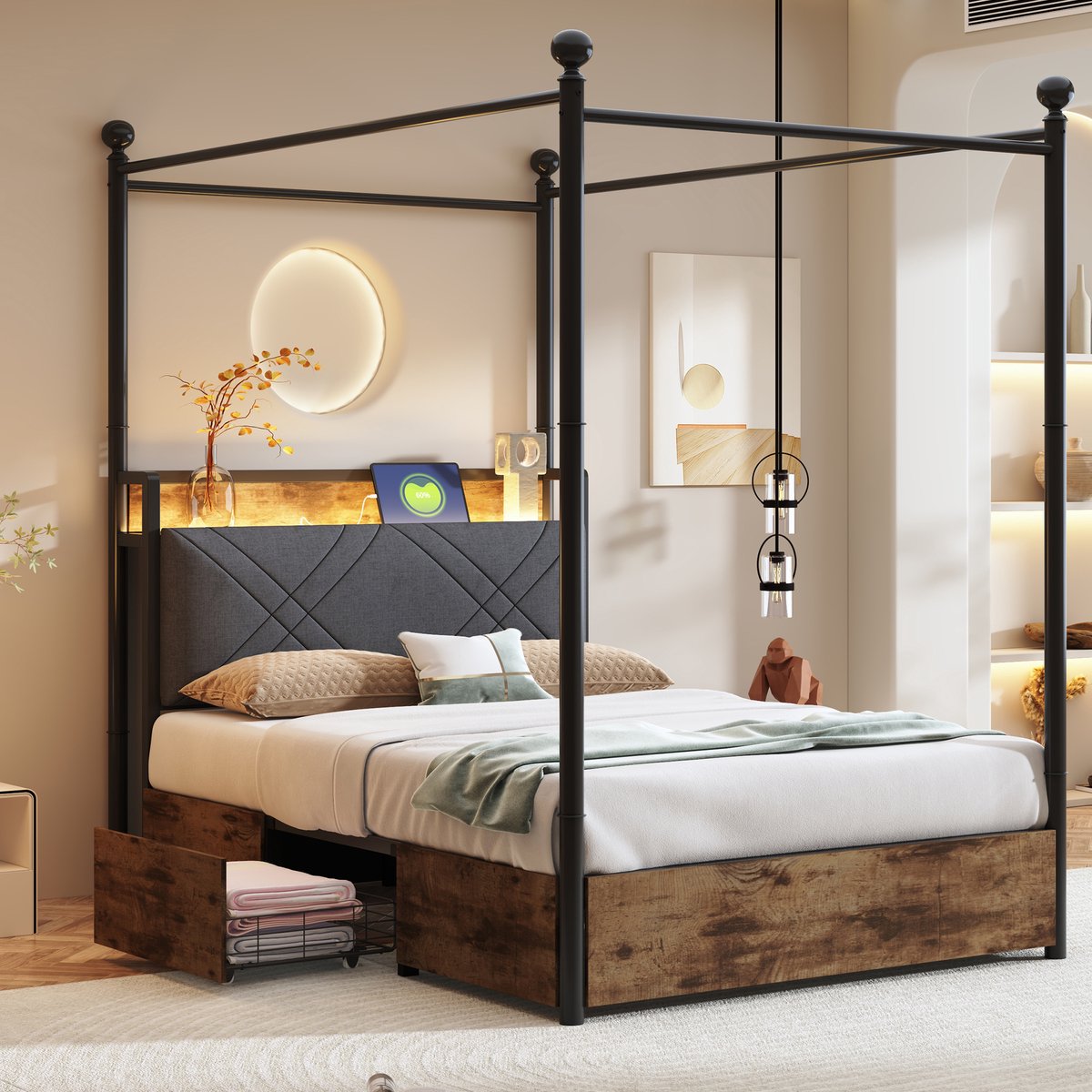 Gepolsterd Bed 90x190 cm - Met Opbergruimte - Met LED-verlichting - Met USB-aansluiting - Zwart