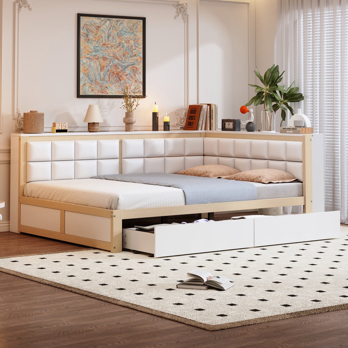 Slaapbank 140x200 cm - Met Opbergruimte - Met Lades - Met Fluweel - Naturel Hout