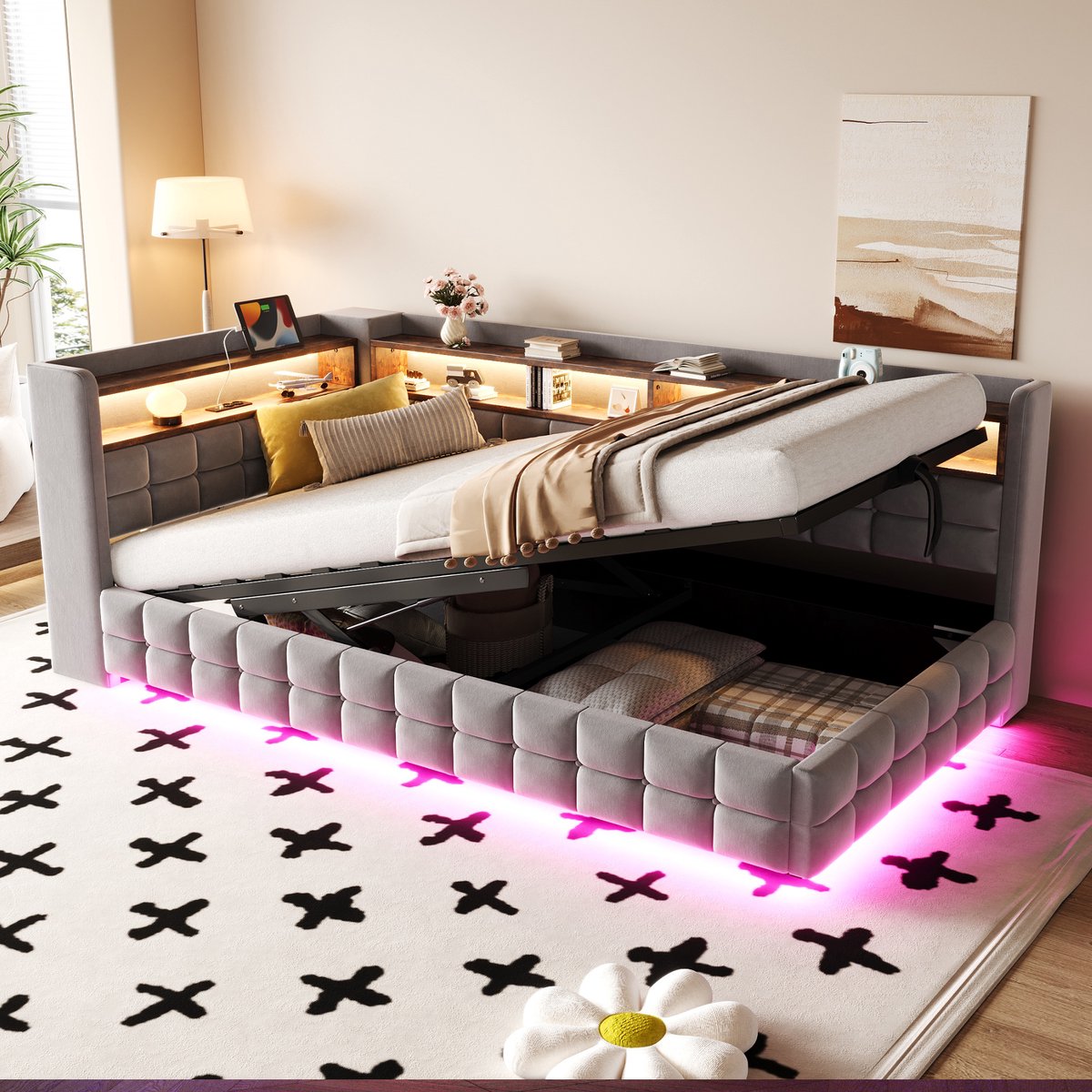 Slaapbank 90x200 cm - Met Opbergruimte - Met LED-verlichting - Met USB-aansluiting - Light Grijs