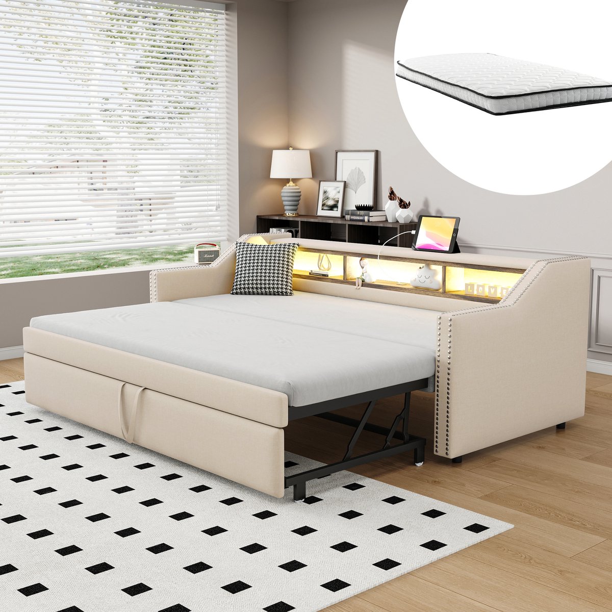 Slaapbank 180x190 cm - Met Opbergruimte - Met LED-verlichting - Met USB-aansluiting - Beige