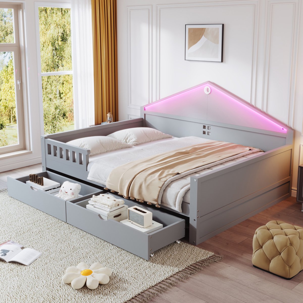 Slaapbank 140x200 cm - Met Opbergruimte - Met Lades - Met LED-verlichting - Grijs