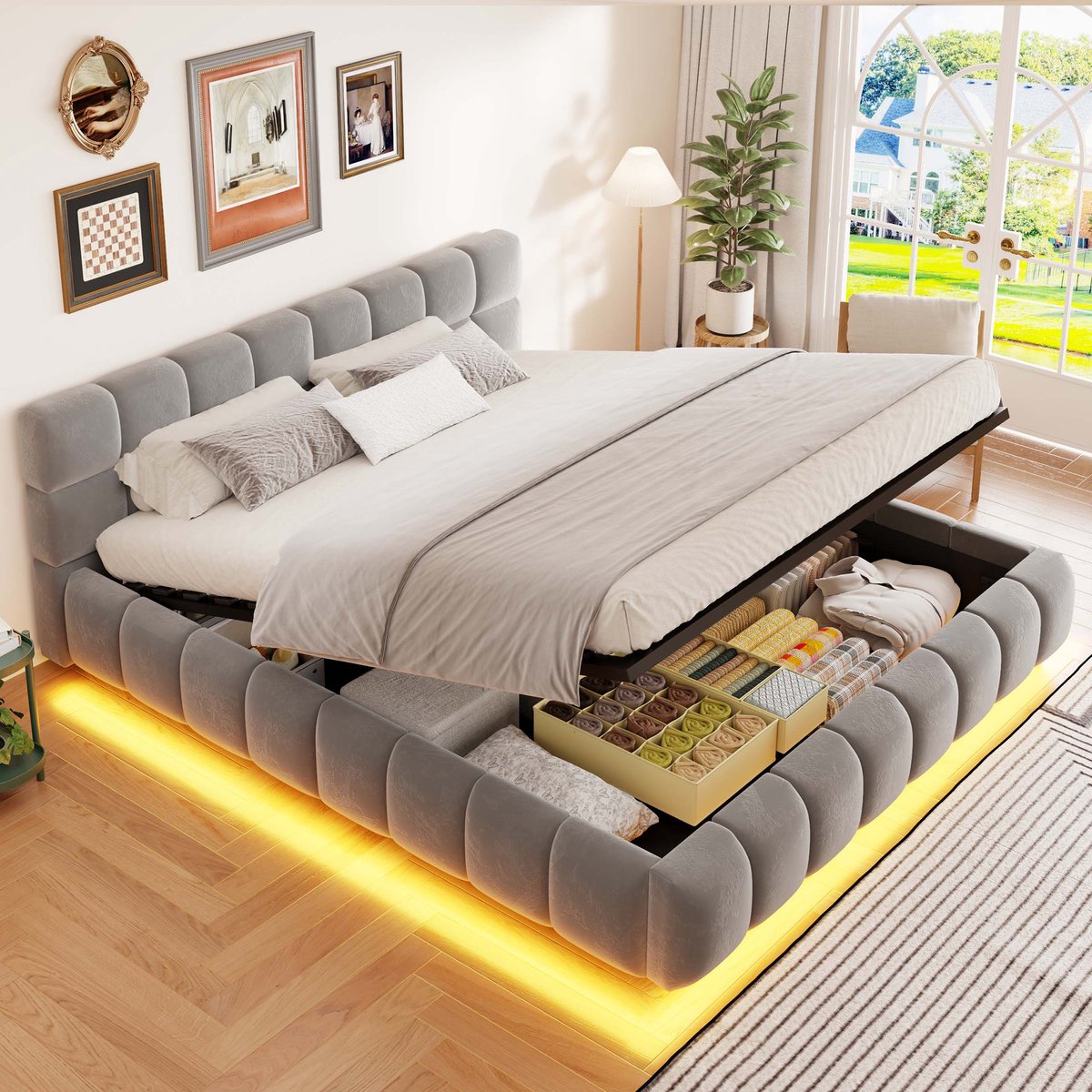 Gepolsterd Bed 160x200 cm - Met Hoofdeinde - Met Fluweel - Met LED-verlichting - Grijs