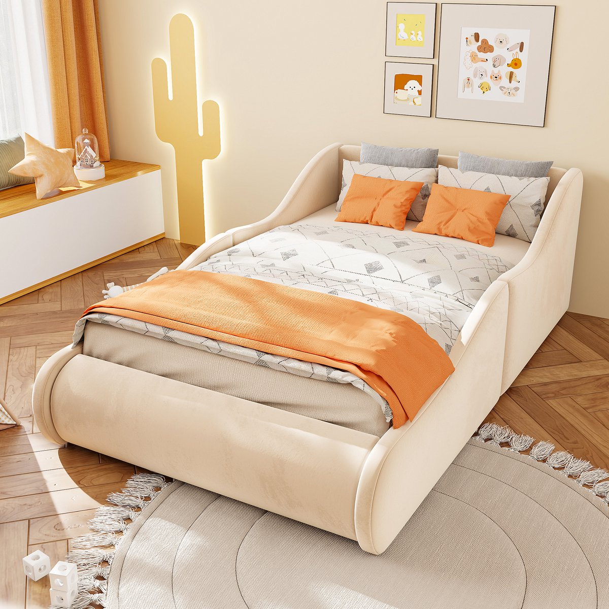 Gepolsterd Kinderbed 90x200 cm - Met Valbeveiliging - Met Hoofdeinde - Met Fluweel - Beige