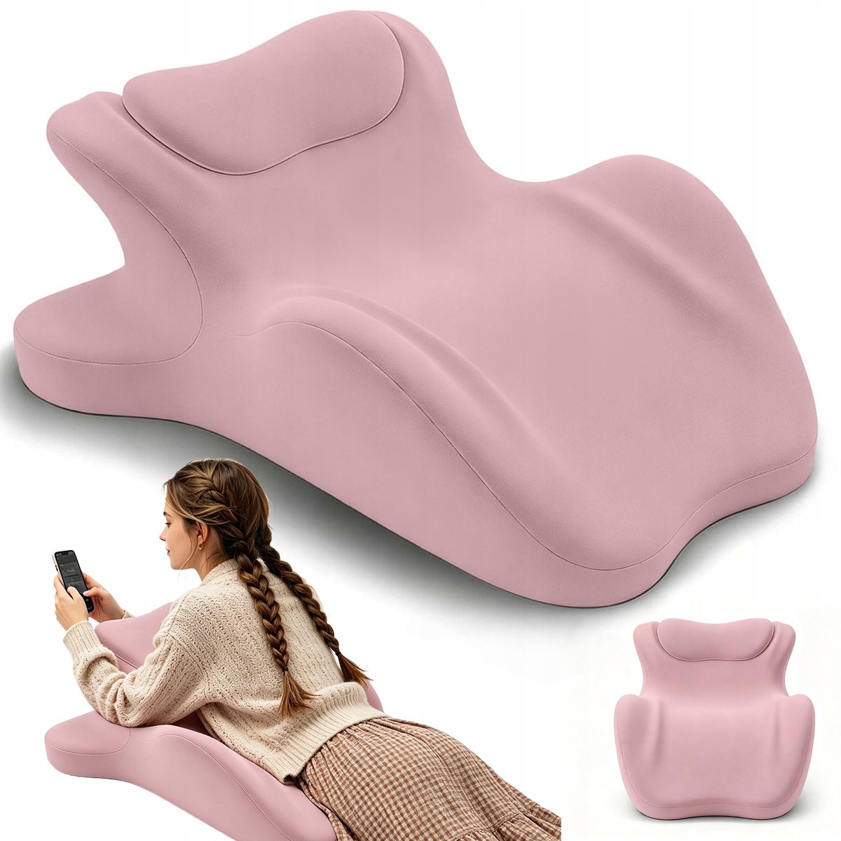 Leeskussen - Rugsteun Kussen - Lendensteunkussen - 3D Ergonomisch - Traagschuim - Met Klein Kussen - 59x46x24 cm - Wigvormig Kussen - Multifunctioneel Kussen - Voor Hoofd, Nek en Rug - Ontspanning en Lezen - Roze
