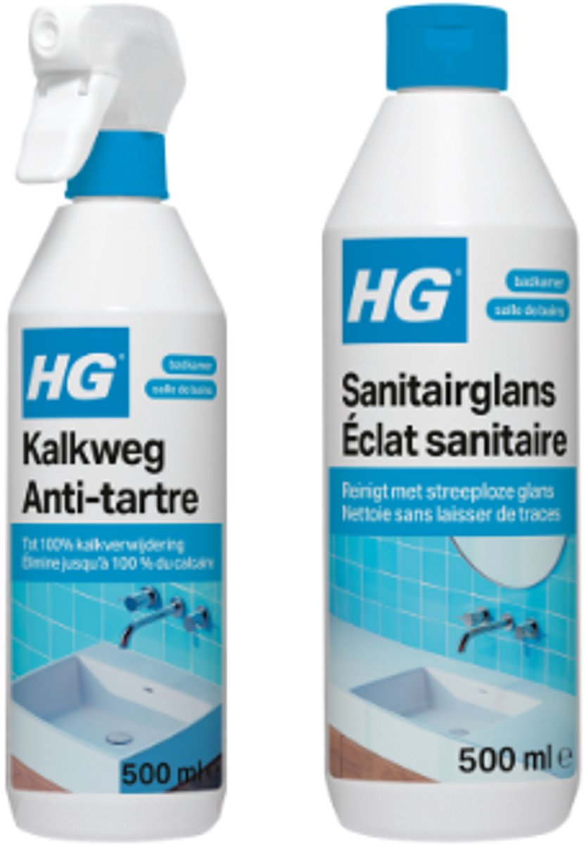 HG Badkamer Reinigingsset – Kalkweg + Sanitairglans – 2x 500 ml – Tegen Kalk & Voor Glanzend Sanitair