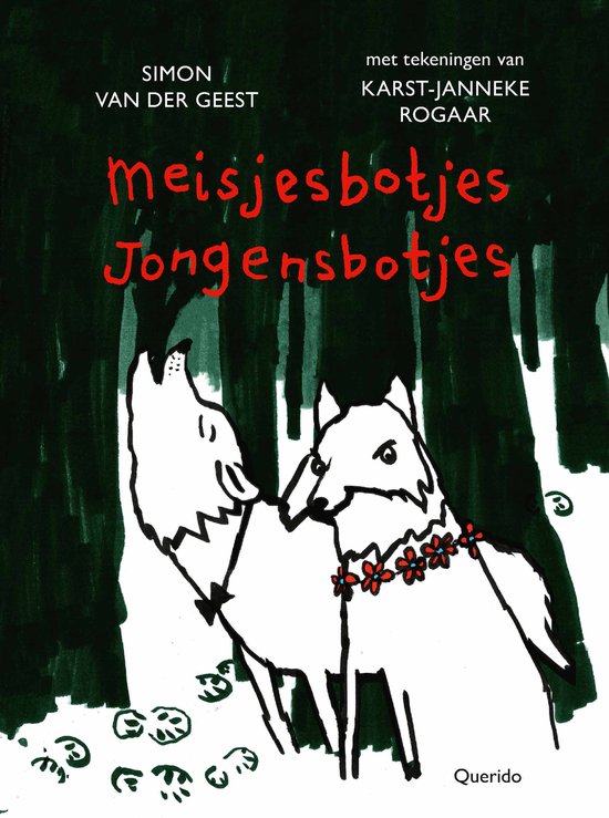 Couverture de livre avec le titre 'meisjesbotjes Jongensbotjes' et des dessins de deux loups dans une forêt.