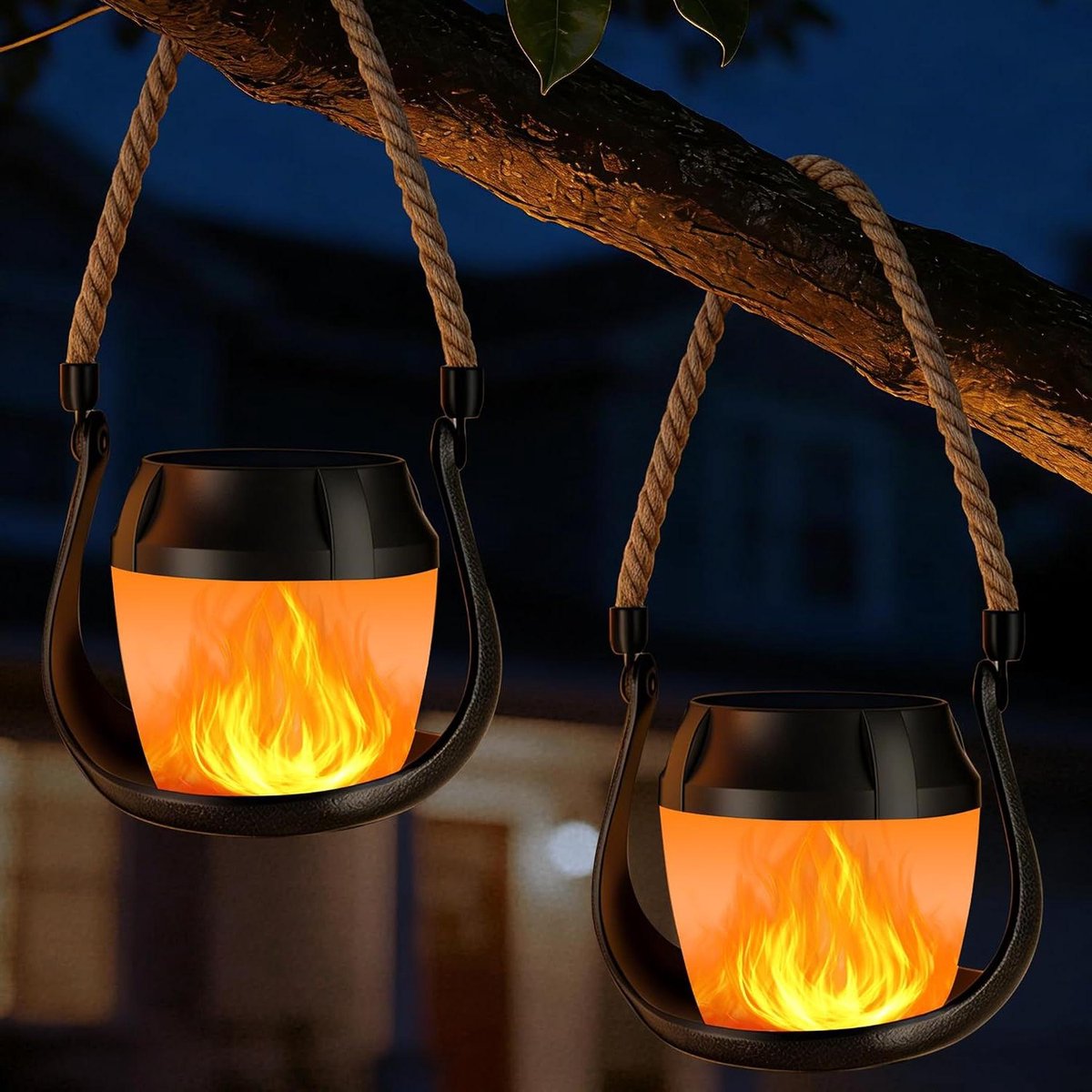Lantaarn op zonne-energie - Solarverlichting set - Buiten decoreren - Realistisch vlammeneffect - 2 stuks - Zwart