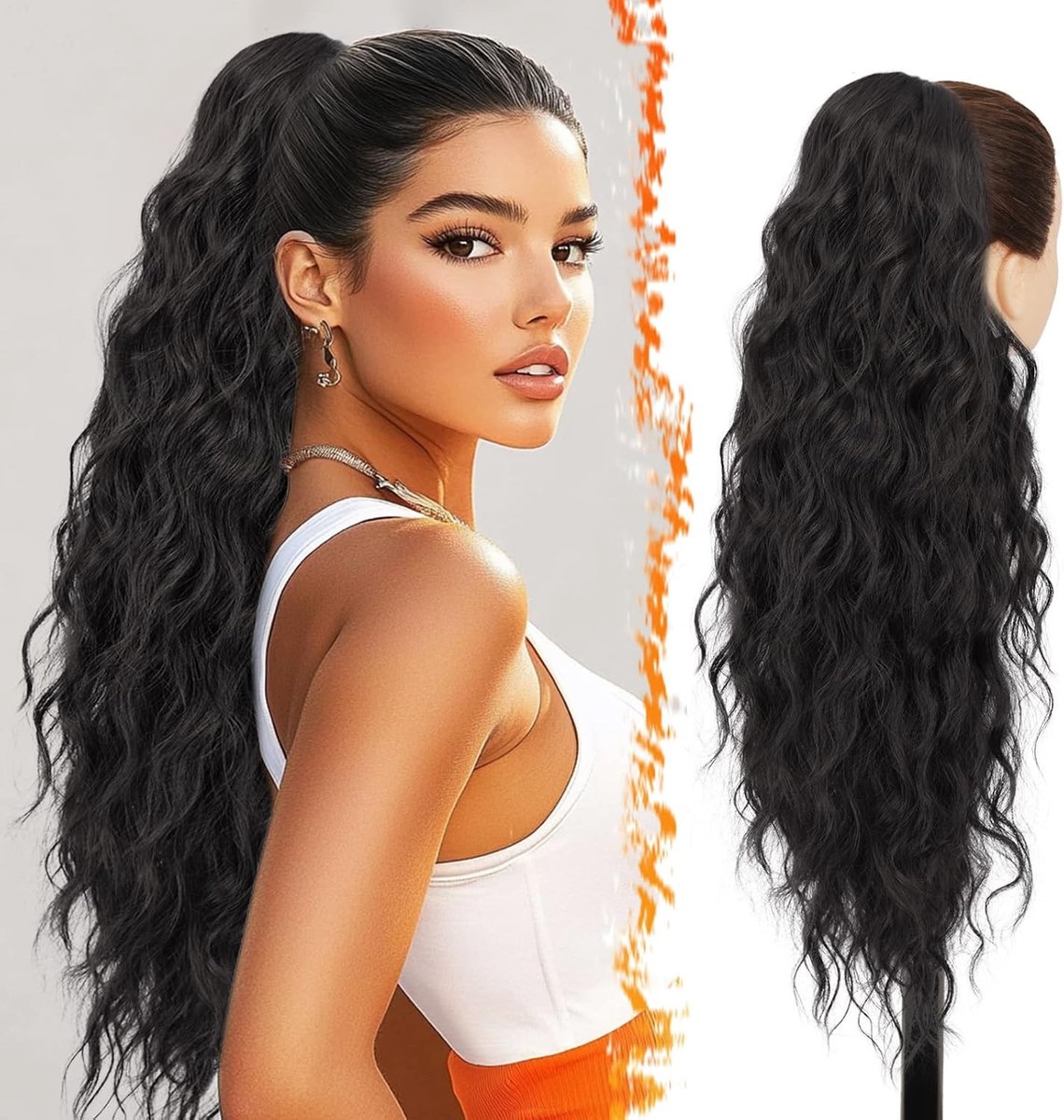 Zwarte en Bruine Trekkoord Ponytail Extension van 61 Inch, Krullend en Golvend Haar voor Vrouwen, Synthetische Clip-in Haarstukken voor Dagelijks Gebruik