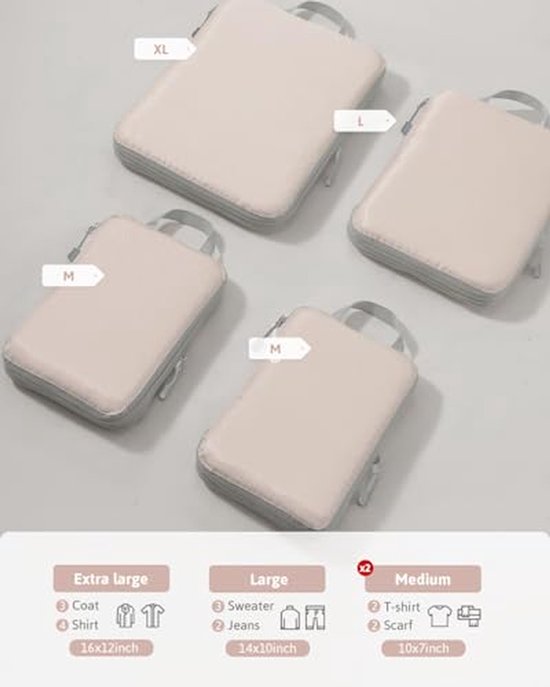 Compressie verpakking kubussen - Reis organizers - Bagage organiseren - Comprimeerbaar ontwerp - 4 stuks - Beige — afbeelding 2