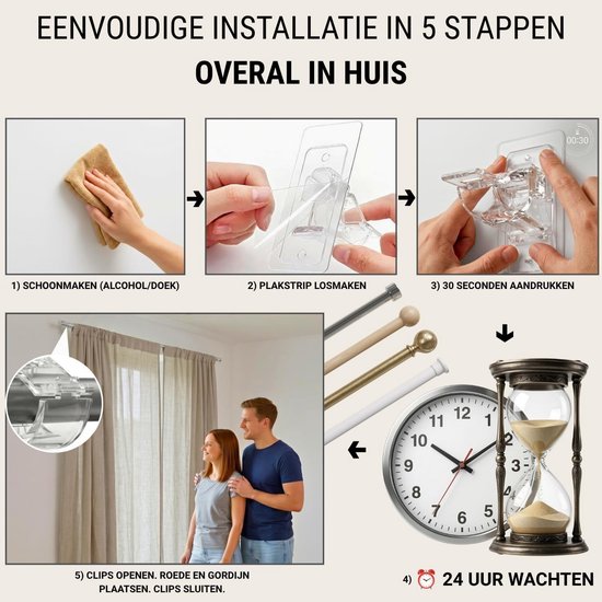Gordijnroede houder - Transparant - Roede Ø1,3-3 cm - Zelfklevend - Voor Woonkamer en Keuken — afbeelding 5