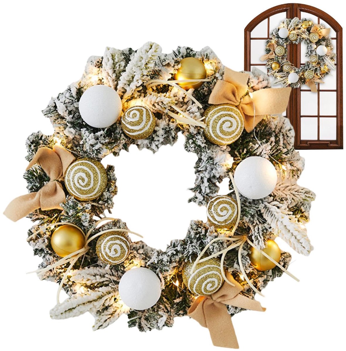 Kerstkrans met verlichting - 30 cm - Kunstmatige LED kerst krans met kerstballen - op batterijen - Kerst Deurkrans voor buiten, deur, Open Haard, Muur, Huisdecor - geel – foto 6