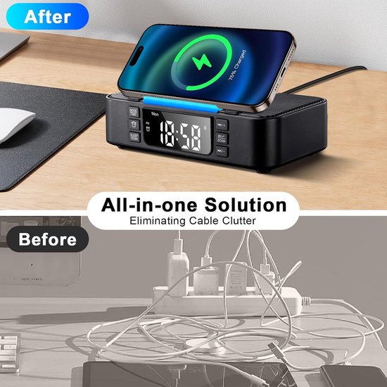 9-in-1 draadloos laadstation met Bluetooth-luidspreker, wekker, FM-radio en nachtlampje - compatibel met iPhone 17/16/15/Samsung S25/S24/Android, USB/Type-C/AUX, telefoonhouder, DP-013C zwart — afbeelding 2