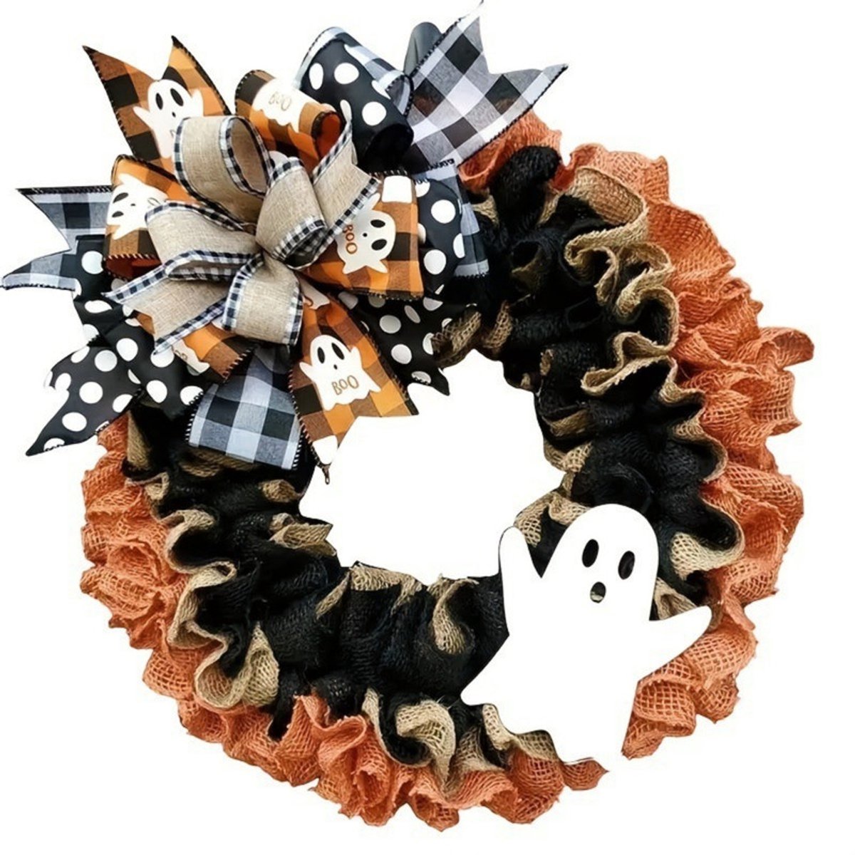 40 cm x 40 cm x 5 cm – Halloween-decoratie – Hangbord voor de voordeur – Deurbord – Krans – Krans met strik – Halloween-spookkrans – Geschikt als decoratie voor de voordeur, voor huis- en feestartikelen en als Halloween-versiering.