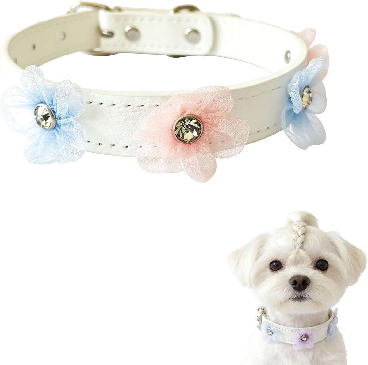 LISM-Halsband met strasssteentjes, leren halsband met bloemenprint, verstelbare schattige halsband van glanzend PU-leer met bloemenprint, Geschikt voor katten en honden.
