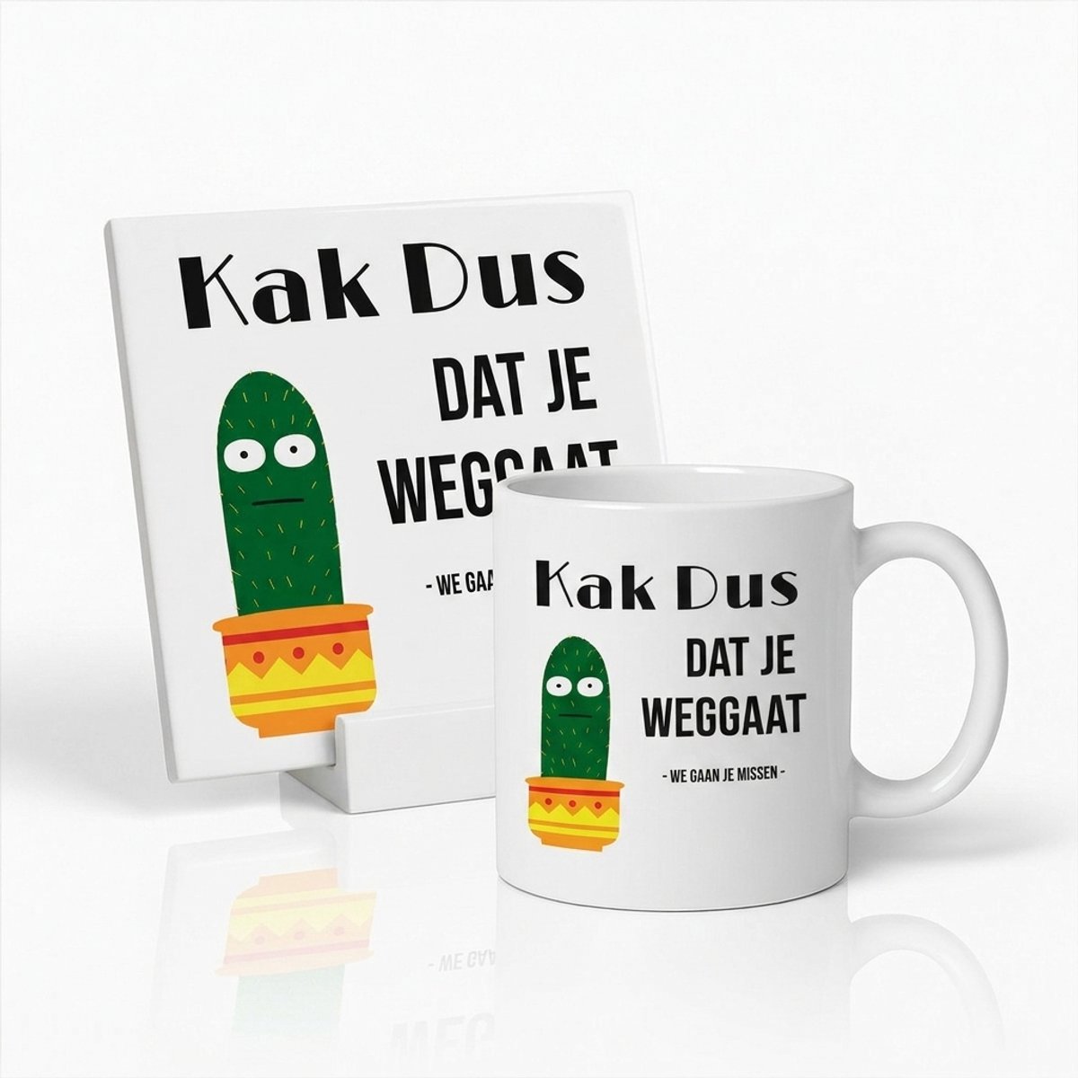 Bedruk King Afscheidsset Cactus - Cadeauset Mok en Spreuktegel in Hetzelfde Ontwerp - Kak Dus Dat Je Weggaat, We Gaan Je Missen - Grappig Afscheidscadeau Collega - Mok 330 ml en Tegel 15 x 15 cm
