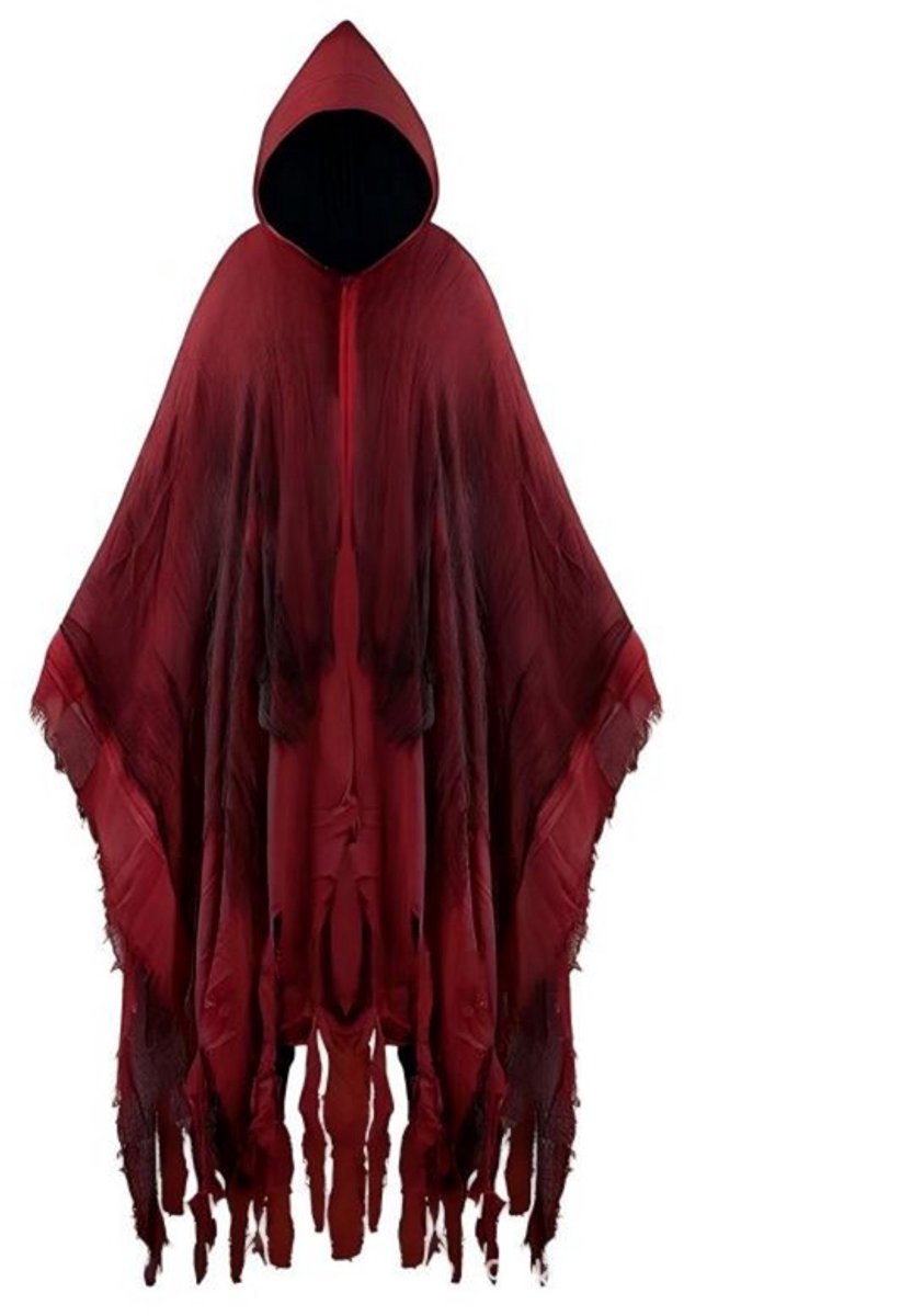 Halloween-cape – Totale lengte inclusief capuchon185 cm – Lengte kledingstuk155 cm – Halloween-mantel – Griezelige mantel – Vampiercape – Spookachtige mantel – Halloween-bovenkleding – Halloween-omslagdoek – Maskerademantel – Kostuumcape
