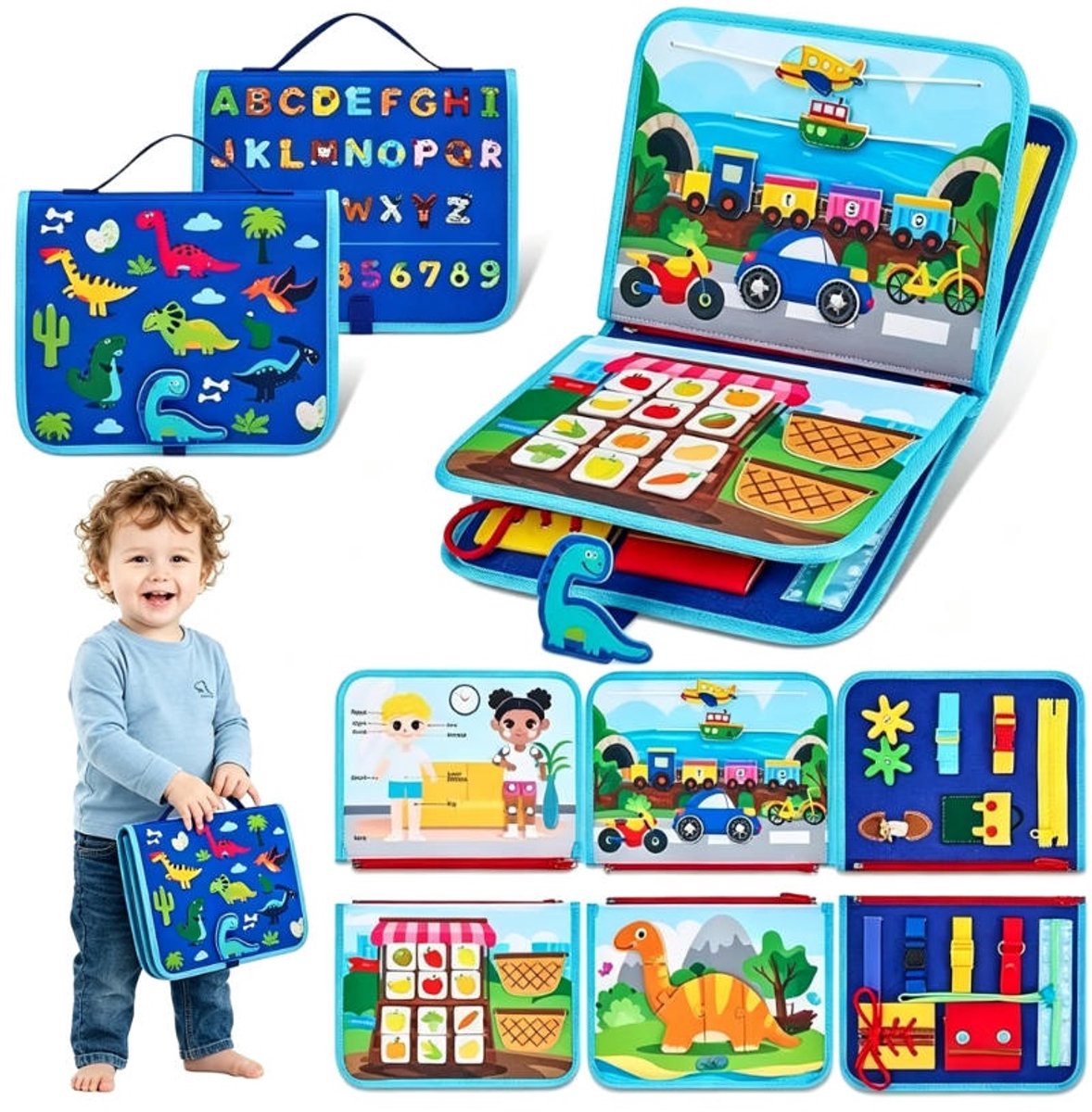 Montessori speelbord voor jongens en meisjes, sensorisch speelgoed, educatief speelgoed voor op reis (vliegtuig, auto), speelboek voor het ontwikkelen van fijne motorische vaardigheden, blauw