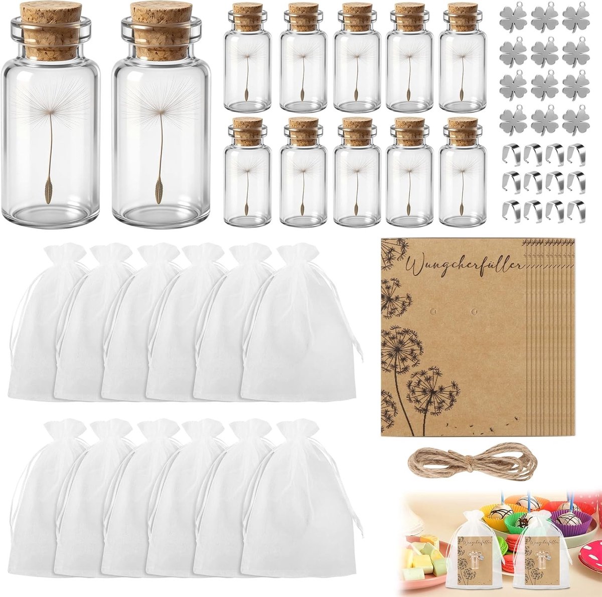 DIY Gelukscharms Craft Set met 12 Stukken, Dandelion in Glas, Klavertje Vier Hanger en Kaart voor Creatieve Kerstdecoratie