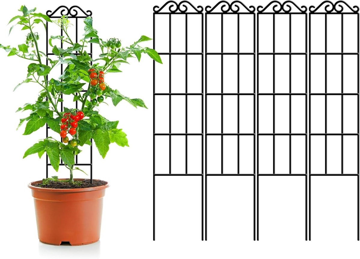 Stabiele metalen tuinrek voor klimplanten, 95 cm hoog, geschikt voor potplanten en klimplanten, set van 4, zwart