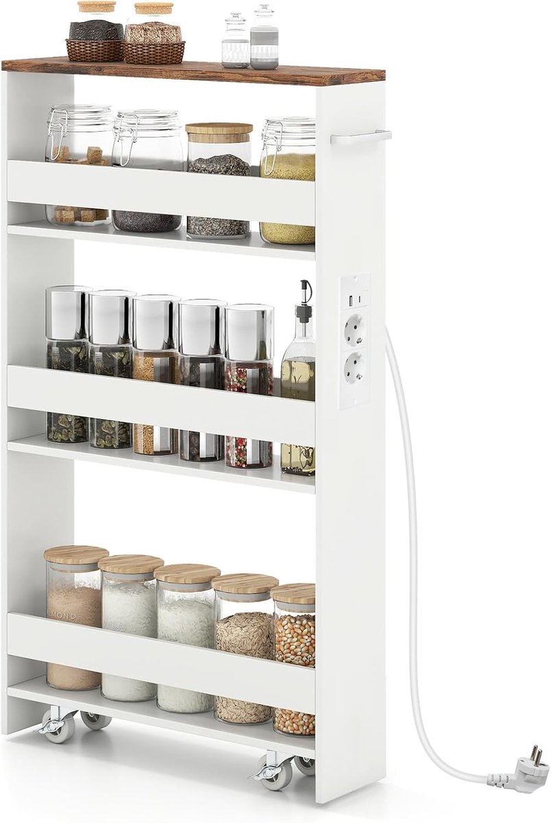 COSTWAY Niswagen 13 cm breed, 4-laags smalle keukenwagen met laadstation, nisrek op wielen, serveerwagen met handgreep & hekjes, houten badkamerrek, voor keuken, badkamer, Wit