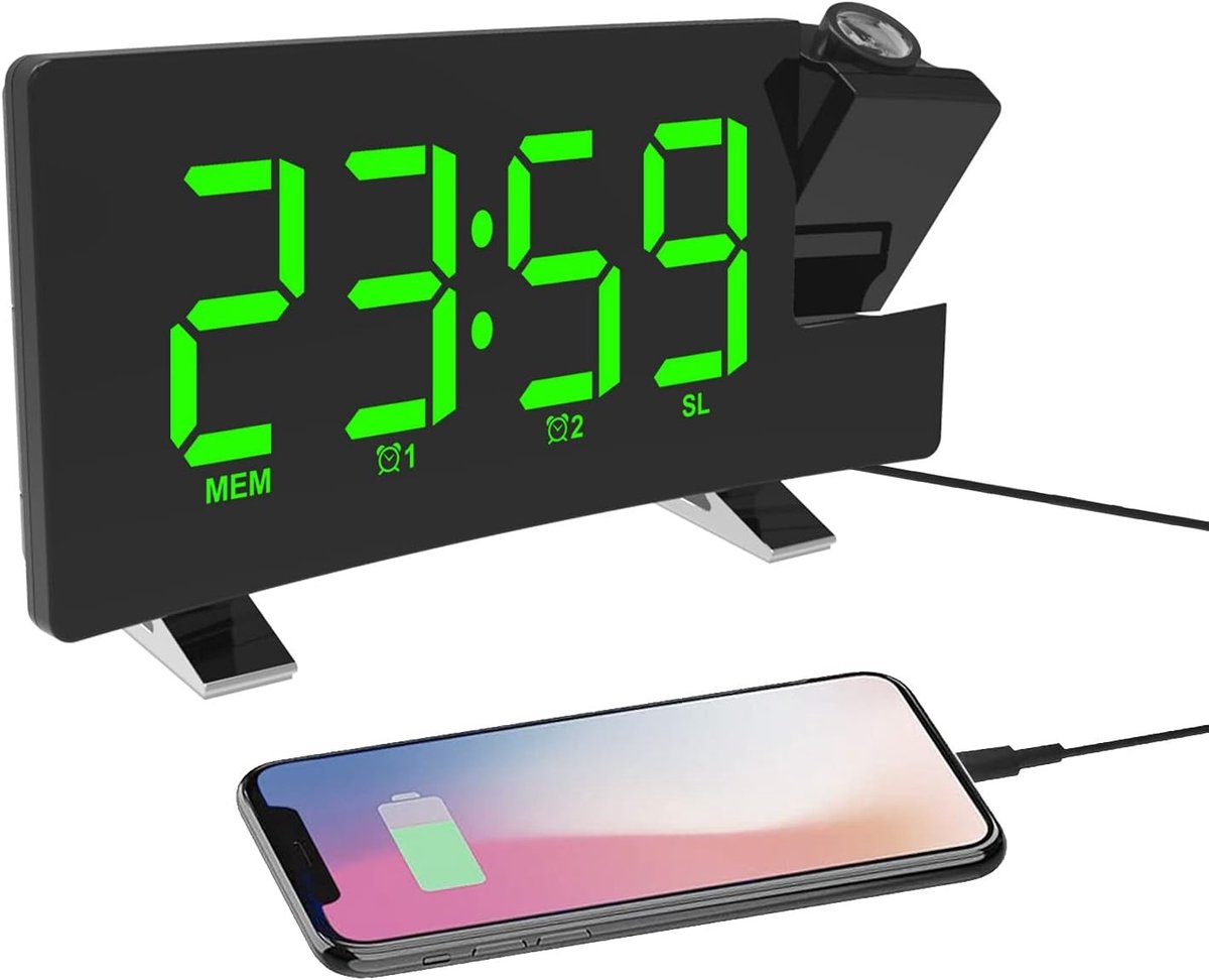 Projectie Alarmklok met LED Scherm, Digitale Radio, USB Oplader, Snooze Functie en 4 Verstelbare Helderheden