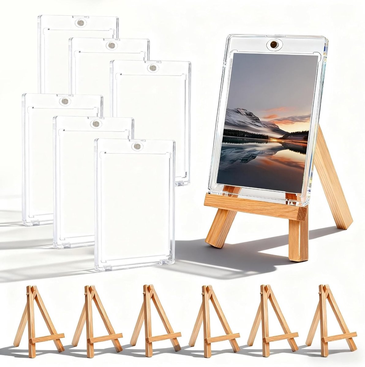 Set van 6 Magnetische Kaarthouders voor Trading Cards met 35 Dots, Transparante Kaartstandaard, Houten Easel en UV-Bescherming voor Magic en Yu-Gi-Oh! Kaarten