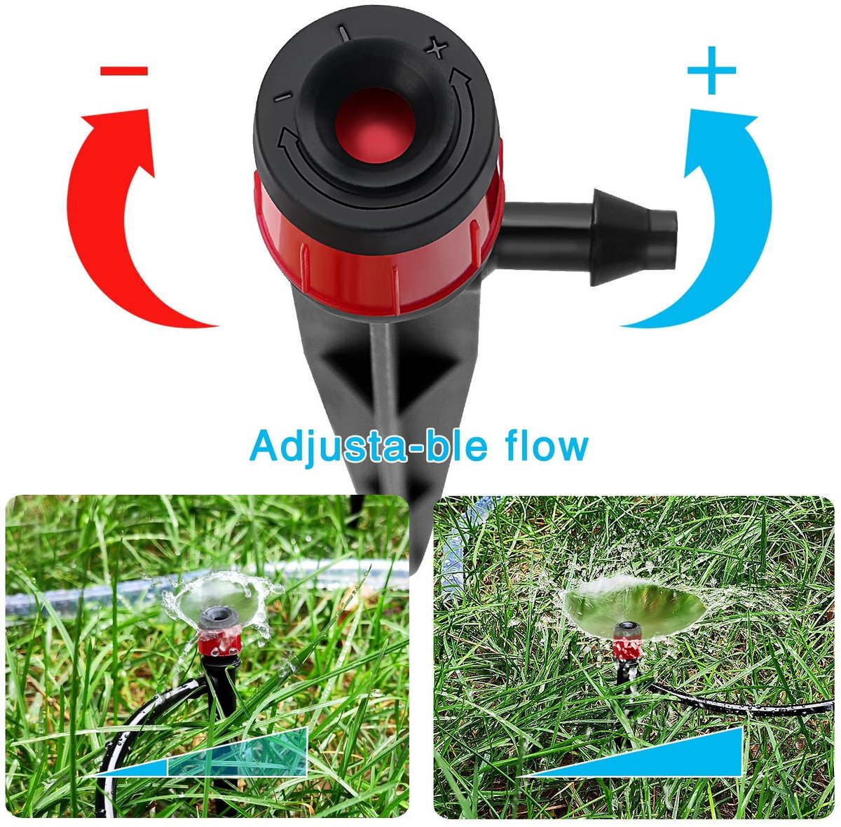 50 Stuks 360 Graden Verstelbare Irrigatie Dripper Sprinkler voor Tuin, Micro Stake Dripper met Barbed Connector voor 4/7mm Tuinslang Irrigatiesysteem, Waterdoorlatende Emitter, Rood