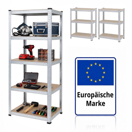 Zilveren stellingkast met gereedschap en een 'Europäische Marke' (Europees merk) bord.
