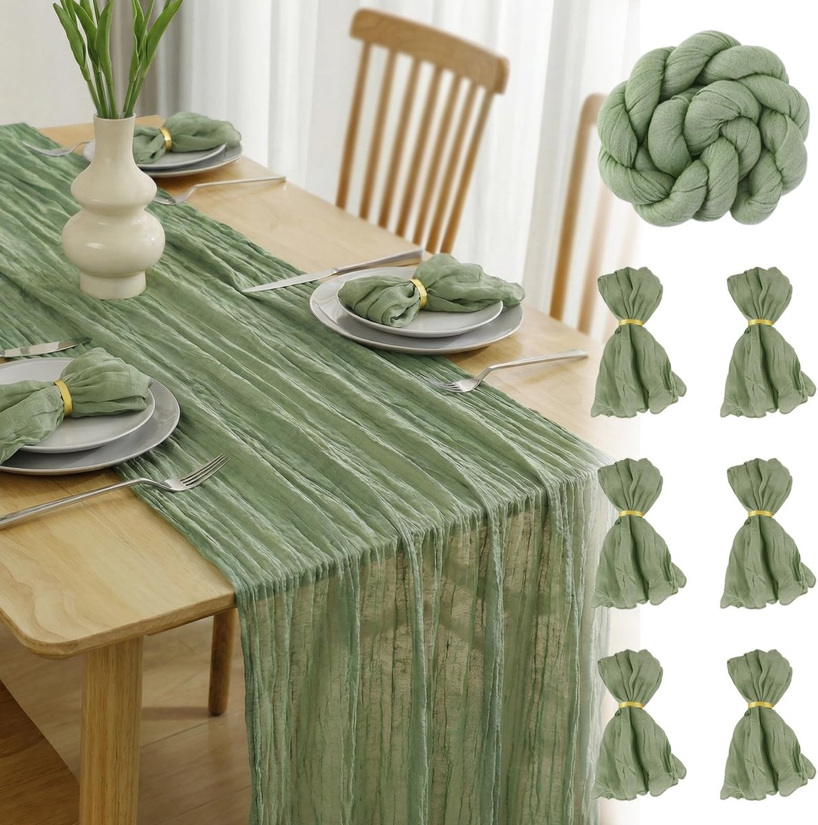 Elzusha - Sage Groene Chiffon Tafelrunner 300 x 90 cm