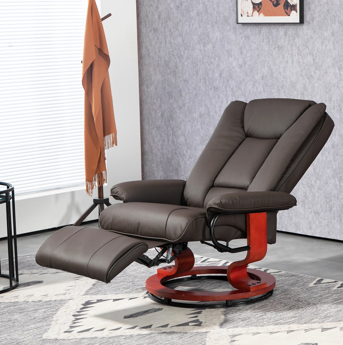 REDOM - Relaxfauteuil - Handmatig verstelbare rugleuning - 360° draaibasis - Uitklapbare voetsteun - Kunstleer - Woonkamer - Bruin - 78 x 88 x 103 cm