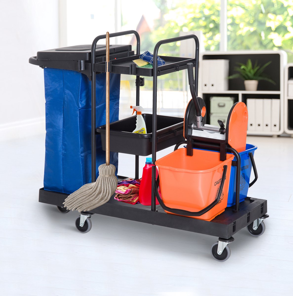 REDOM - Schoonmaakwagen - Professioneel gebruik - 4 rollen - Met afneembare uitwringer - 2 emmers en afvalzak - Metaal - Zwart - 111 x 63,3 x 103 cm