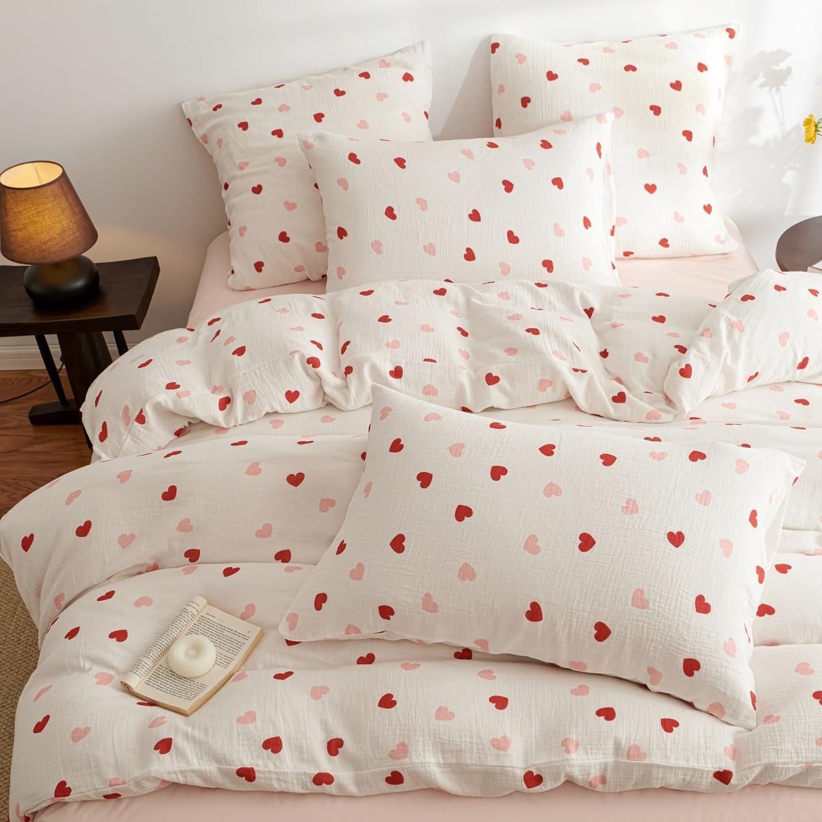 Elzusha - Musselin Bedlinnen Set - 155 x 220 cm - Roze-Rood-Wit met Hartjes