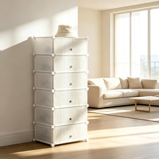 Stapelbare Opbergkast - Modulaire Schoenenkast Met 6 Vakken En Transparante Deuren - Wit Met Houtnerf - 49x36,5x108 Cm — afbeelding 3